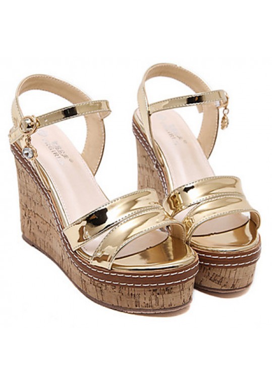 Women's Shoes PU Summer Wedges / Open Toe Sandals Dress / Casual Wedge Heel Sequin Silver / Gold