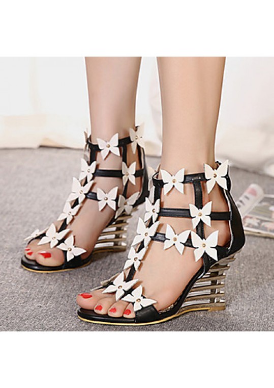 Women's Shoes Leatherette Wedge HeelOpen Toe Sandals Dress Black / White