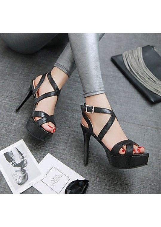 Women's Spring / Summer / Fall Peep Toe Leatherette Outdoor / Dress / Casual Stiletto Heel Buckle Black / Silver / Gold