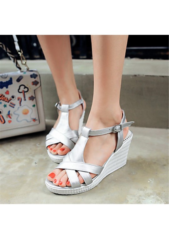 Women's Shoes Leatherette Wedge Heel Wedges Sandals Wedding / Party & Evening / Dress / Casual White / Silver