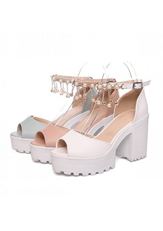 Women's Shoes Leatherette Chunky Heel Peep Toe Sandals Wedding / Office & Career / Party & Evening Blue / Pink / White