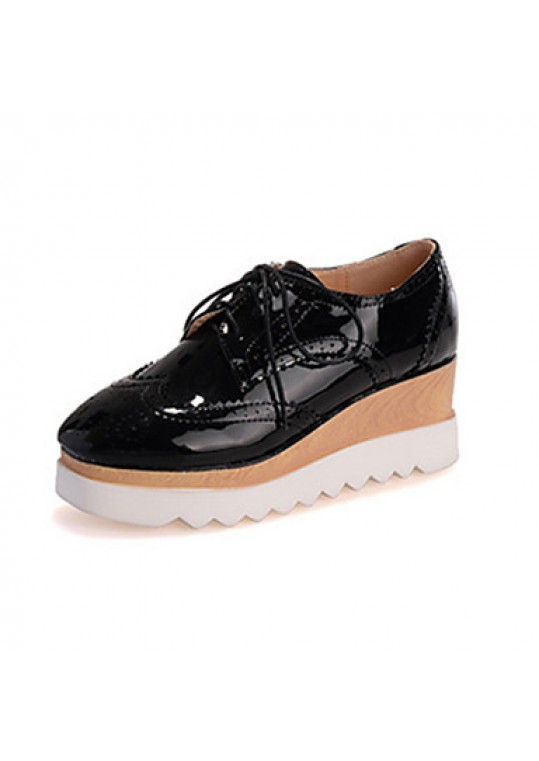 Women's Shoes Patent Leather Wedge Heel Square Toe Oxfords Casual Black/White