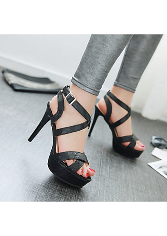 Women's Spring / Summer / Fall Peep Toe Leatherette Outdoor / Dress / Casual Stiletto Heel Buckle Black / Silver / Gold