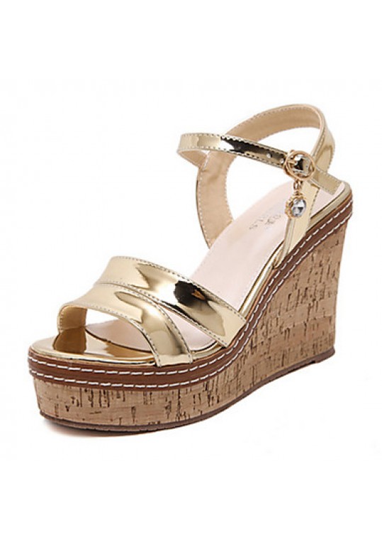 Women's Shoes PU Summer Wedges / Open Toe Sandals Dress / Casual Wedge Heel Sequin Silver / Gold